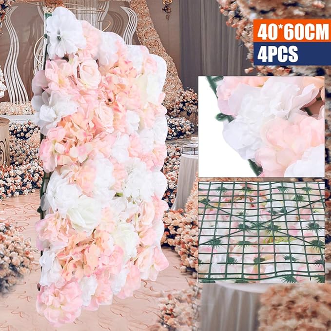 4Pcs Artificial Flower Wall Panel,3D 16" X 24" Silk Rose Mat Artificial Flower Wall,Rectangle Decorative Backdrop Flower Panels Wall for Bridal,Patio,Garden,Yard Decor (White,Pink)