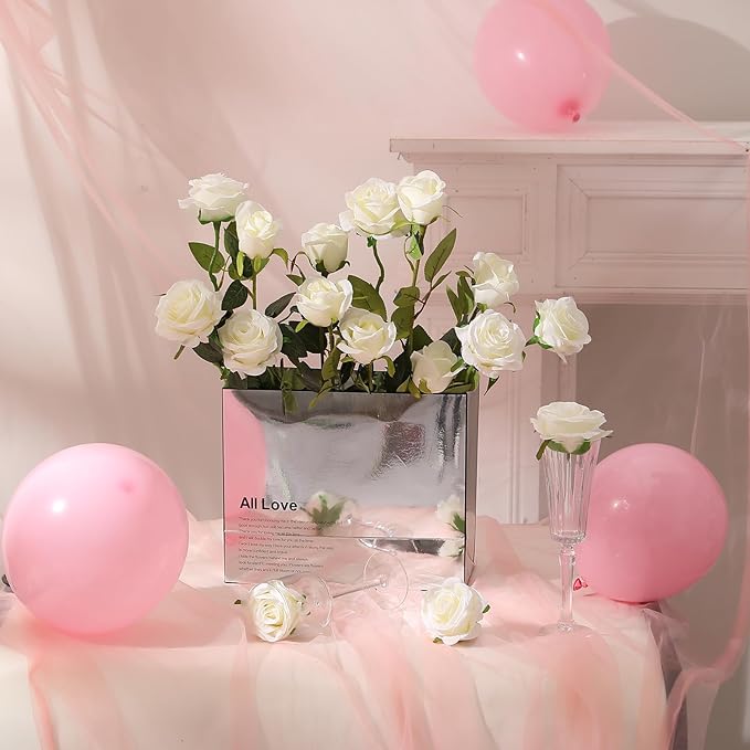 12PCS Artificial Silk Flowers Realistic Roses Bouquet Long Stem for Home Wedding Decoration Party (White -2)