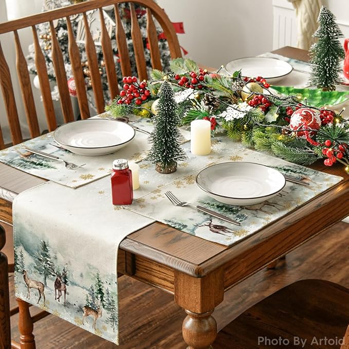 Artoid Mode Watercolor Deer Trees Snowflakes Christmas Placemats for Dining Table, 12 x 18 Inch Seasonal Winter Xmas Holiday Rustic Vintage Thanksgiving Washable Table Mats Set of 6