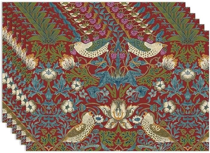 William Morris Floral Placemats Set of 6, Vintage Flower Strawberry Birds Red Place Mats, Heat Resistant Non Slip Cotton Linen Dining Table Mats for Home Kitchen Party 18x12 Inch