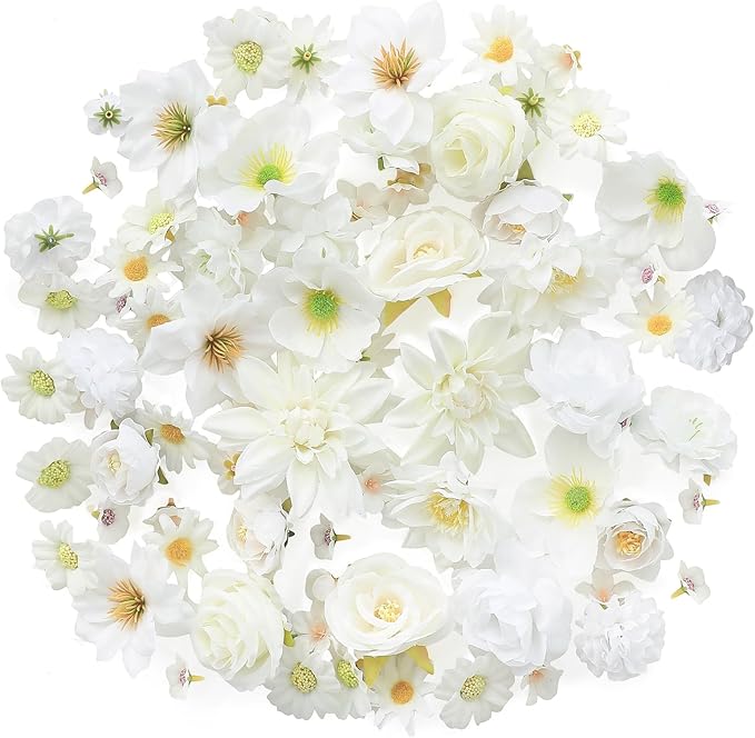 Floroom Mini Artificial Flower Heads Ivory & White Fake Peony Daisy Rose Multicolor Small Faux Silk Flower Heads for Cake Craft Garland Wedding Party Graduation Cap DIY Home Decoration, 0.8"-3.6"