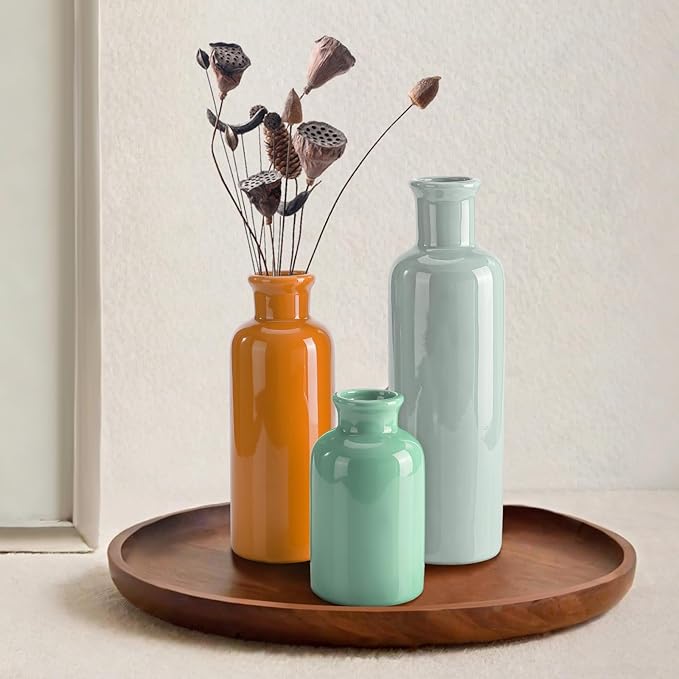 Small Ceramic Vase Set of 3, Boho Modern Flower Vase Room Decor, Farmhouse Decor, Vases for Your Kitchen, Bathroom, Bedroom, Living Room, Office&Shelf Centerpiece Table Decorations