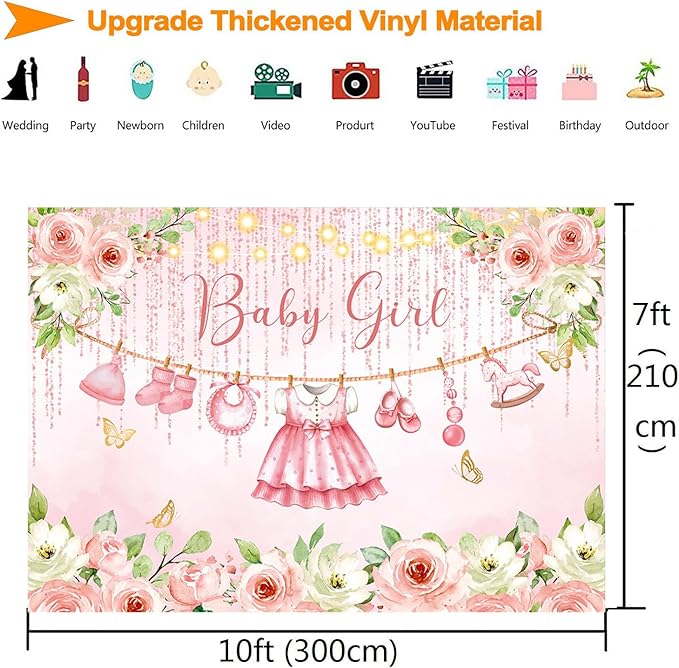 InMemory Baby Girl Shower Backdrop Pink Floral Decorations Glitter Rose Gold Clothes Photography Background Its a Sweet Girls Party Banner Photo Booth Supplies 10x7ft