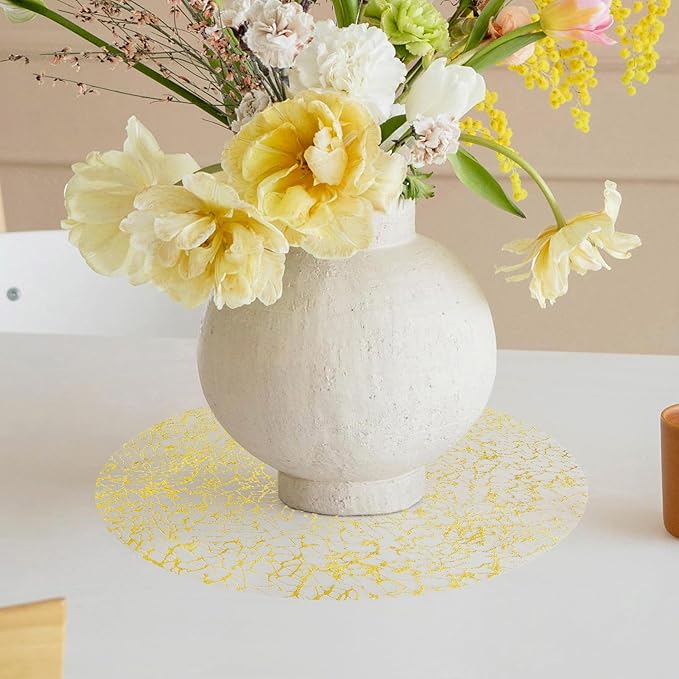Hysenm 100 Pcs Disposable Gold Placemats Set Metallic 13 Inch Round Table Doilies, Ultra-Thin Messy Lines Disposable Placement Mats for Home Decoration Dining Table Wedding Birthday Party