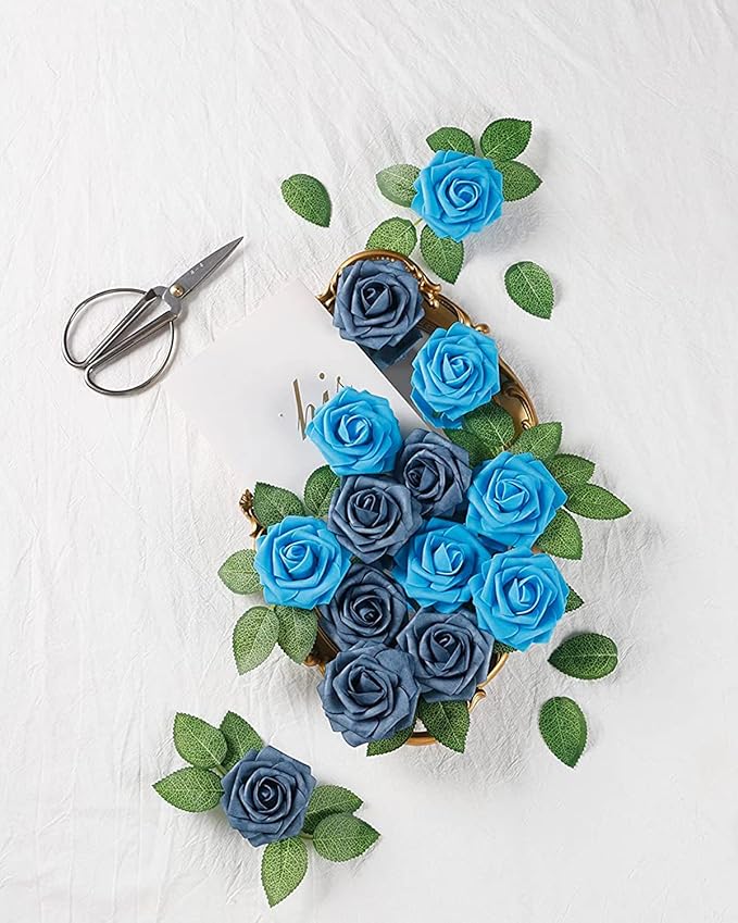 DuHouse 25Pcs Artificial Roses Flowers Fake Roses with Stems Real Touch Foam Flowers for DIY Wedding Bouquet Baby Shower Centerpiece Floral Arrangement Party Home Decor(Dusty Blue)