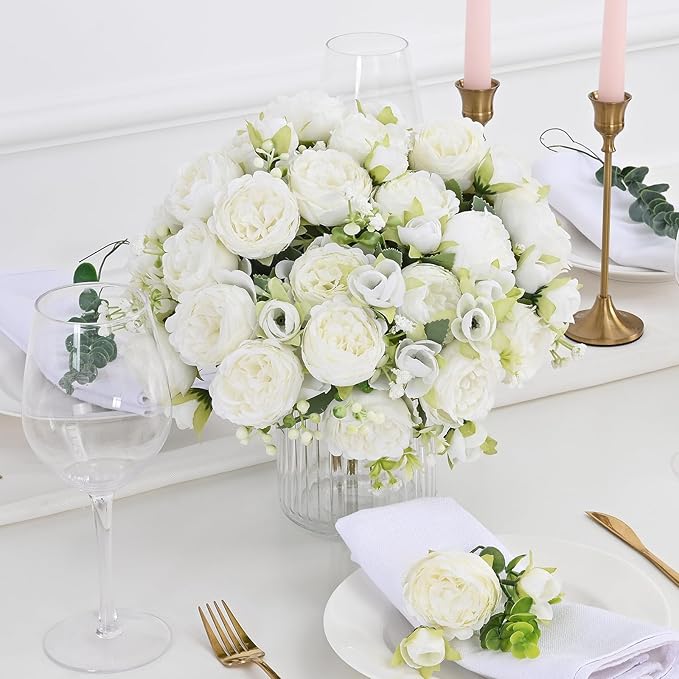 MARTINE MALL 8 Packs Peonies Artificial Flowers, White Artificial Peonies, Silk Peonies Flowers Fake Peonies Artificial Flowers Peonies Bouquet for Centerpiece Table Wedding Party Home Decor