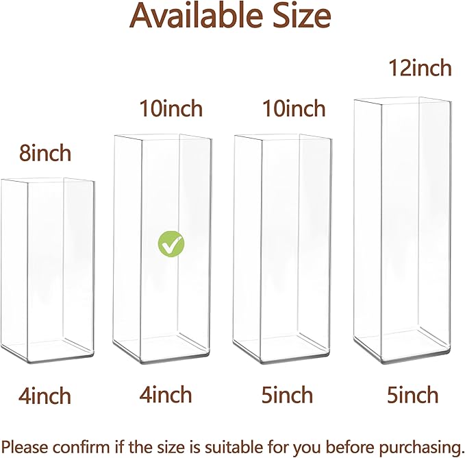 Acrylic Square Flower Vase, Non-breakable Vase, 4" x 4" x 10" Tall Clear Vases for Flower, Large Cube Floral Plant Container, Planter Terrarium for Wedding Party Event, Home Office Decor