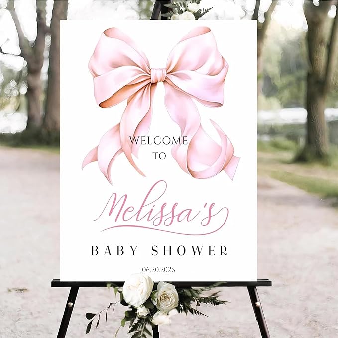 Personalized Pink Bow Baby Shower Welcome Sign, Custom Minimalist Bow Baby Girl Party Sign, Baby's Shower Gifts, Birthday Gifts, Gender Reveal Decorations, Newborn Announcement Party Supplies - 19