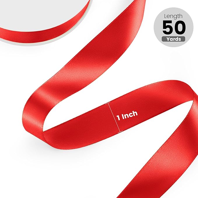 1" x 50 Yards Satin Ribbon - Red Silk Ribbon with Spool - Ideal for Gift Wrapping, Floral Bouquets, Crafts, Wedding Party Decorations, Christmas and Sewing Projects