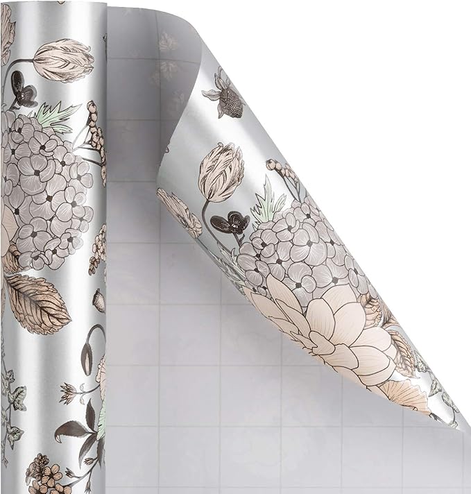 WRAPAHOLIC 30 Inch Floral Wrapping Paper - 30 Inch X 33 Feet - Pearlized Silver Vintage Floral Wedding Wrapping Paper for Birthday, Bridal Shower, Baby Shower