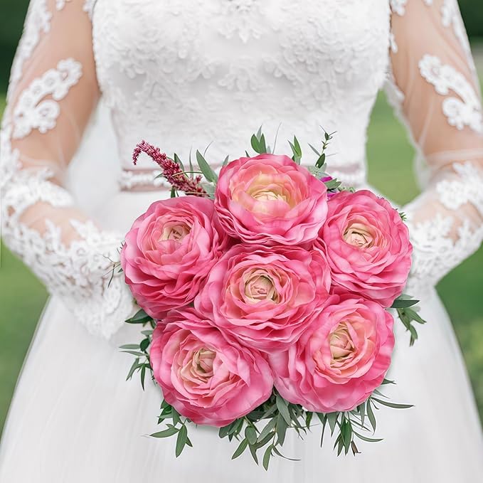 6PCS Pink Ranunculus Artificial Flowers Real Touch Peonies Fake Ranunculus Stems for DIY Wedding Bouquet Party Table Home Decor(Deep Pink)