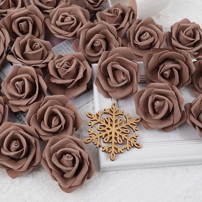 Artificial Rose Flower Heads, 100pcsDark Brown Roses Artificial Flower Foam Rose for DIY Wedding Bouquets Centerpieces Arrangements Party Baby Shower Home Decor (Stemless,Dark Brown)