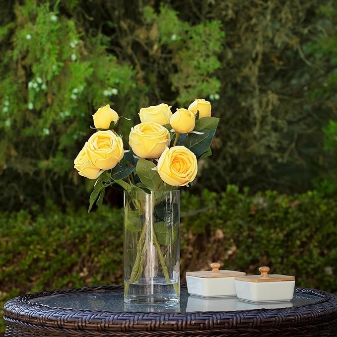 ENOVA FLORAL 9 Heads Silk Rose Artificial Flowers in Vase,Faux Rose Flowers Arrangement in Vase with Faux Water for Table Decor Centerpieces (Yellow)