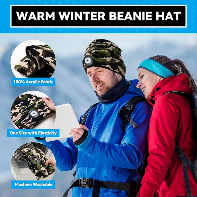 Christmas Stocking Stuffers for Men Adults, Beanie Hats with Light, USB Rechargeable LED Hand Free Headlamp, Birthday Gifts for Men, Women, and Teens, Ideal for Camping, Hiking, Camouflage
