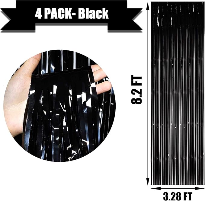 4 Pack Black Foil Fringe Curtain Backdrop, 3.28Ft x 8.2Ft Metallic Tinsel Streamers Curtains for Party, Photo Booth Props, Birthday, 2022 Mother's Day Decor Supplies, One Size
