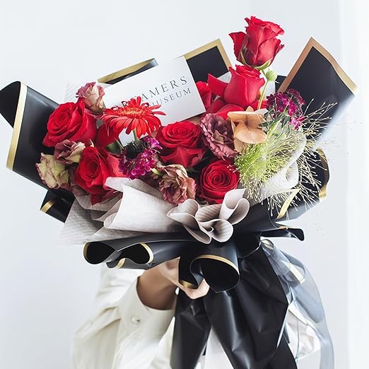 Jutieuo 20 Sheets Black Flower Wrapping Paper, Waterproof Floral Wrap Gold Edge Bouquet Wrapping Paper Florist Supplies (22.8 x 22.8 inch)