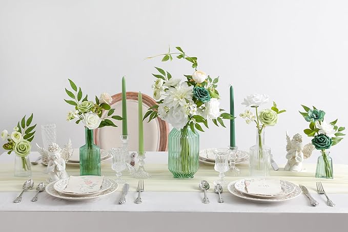 Artificial Flowers Roses Fake Flowers with Stems White Dahlia Artificial Flowers for DIY Bridal Bouquets Faux Flowers Centerpieces for Table Home Decor (White Green)