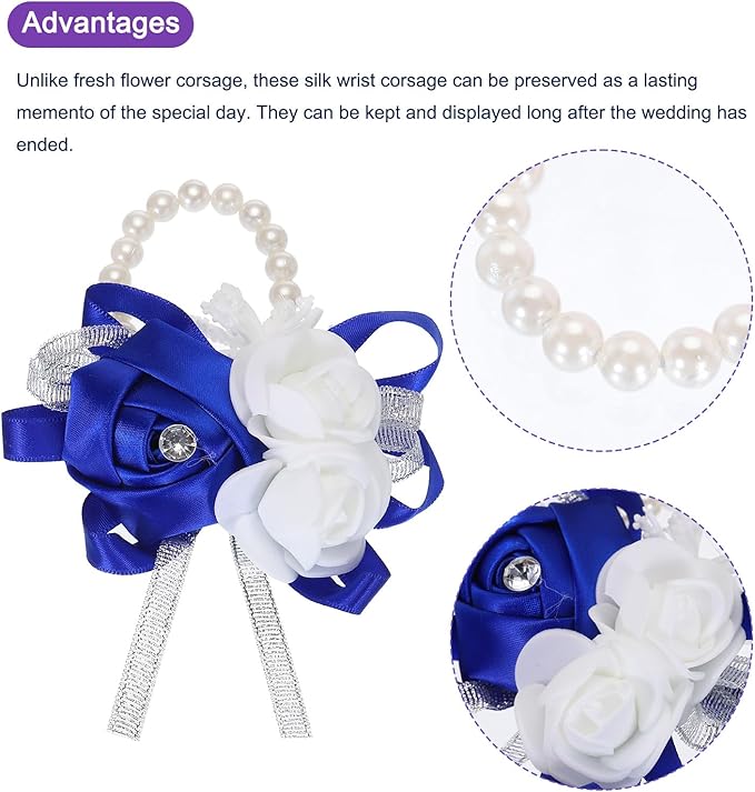 MECCANIXITY Wrist Corsage Artificial Flower Bracelets Rose Wrist Bride Groom Decorative for Wedding Ceremony Prom Party Anniversary Dark Blue