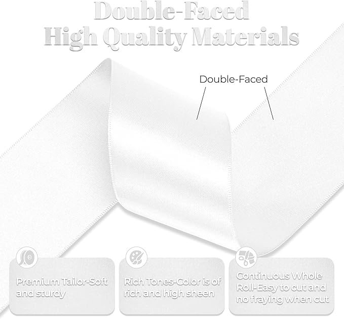 White Satin Ribbon, Double Faced 2 Inch X 50 Yards White Ribbon, Premium Satin Ribbon for Gift Wrapping, Crafts, Hair Bow Making, Sewing, Flower Bouquet, Wedding Party Decor