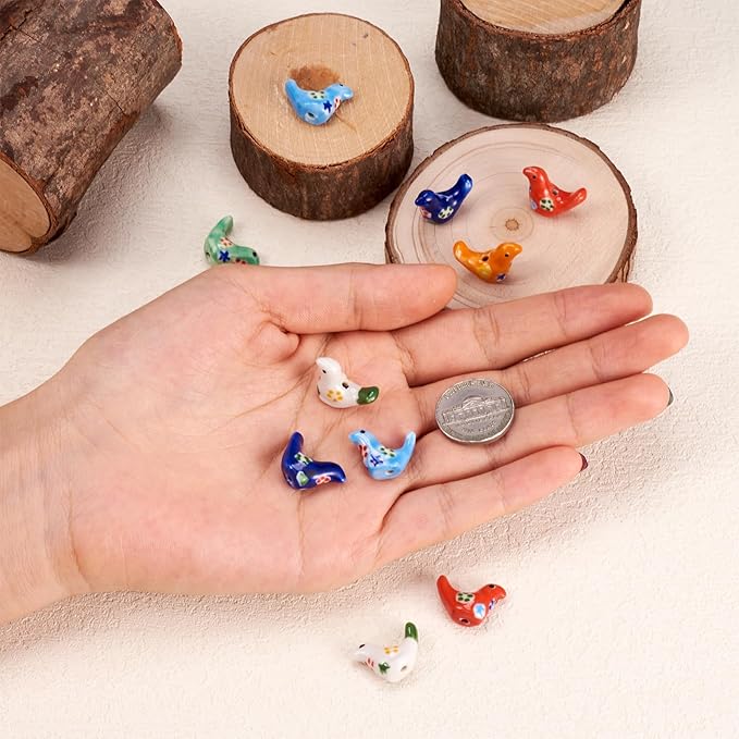 Beadthoven 10pcs Pigeon Ceramic Beads Handmade Flower Printed Porcelain Beads Floral Cute Bird Pigeon Animal Craft Spacers for DIY Jewelry Making Bracelets Earrings Keychain Lanyard Mixed Colors