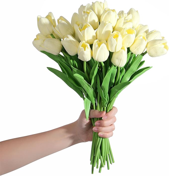 SITUMEIZI 15pcs Fake Tulips Artificial Flowers Real Touch Beige 14" Silk Flower for Home Kitchen Decor Spring Easter Wedding Bouquet Decorations Office Floral Arrangements