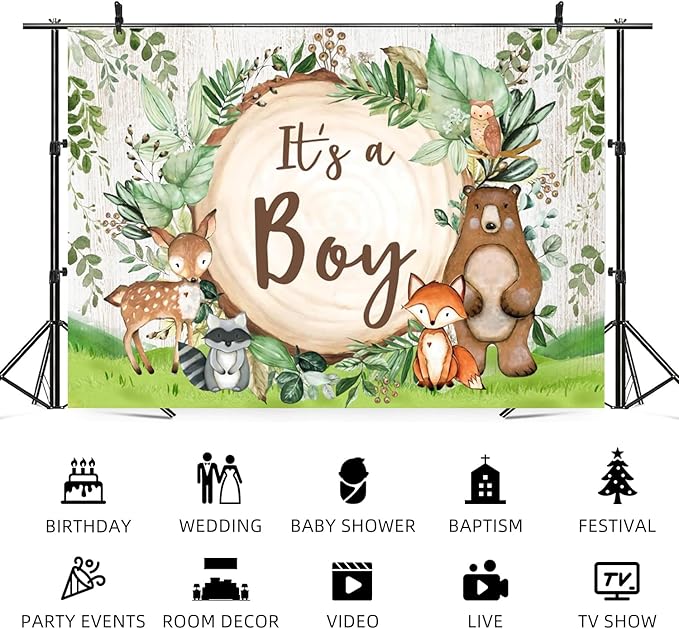 9x6ft Woodland Baby Shower Backdrop It's a Boy Photography Background Jungle Green Grass Safari Animals Bear Fox Baby Boys Party Banner Decorations Newborn Portrait Photo Booth Prop