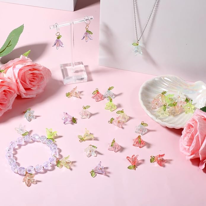 32PCS Lily Flower Charms for Jewelry Making, Multi Color Acrylic Floral Pendants, Plastic Dangle Flower Charms with Hanging Rings for Necklace Bracelet Earring DIY Crafts Decoration