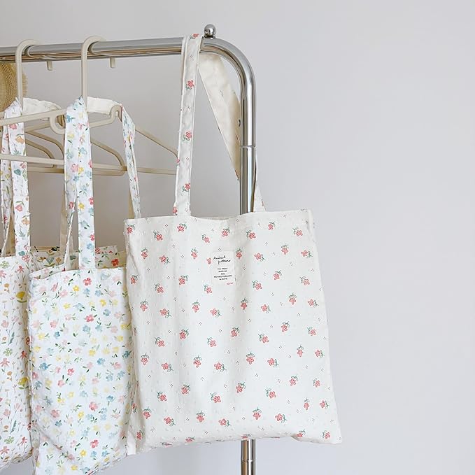 Cotton Canvas Tote Bag Reusable Soft Grocery Cloth Bag Floral Shoulder Bag for Beach Travel Shopping