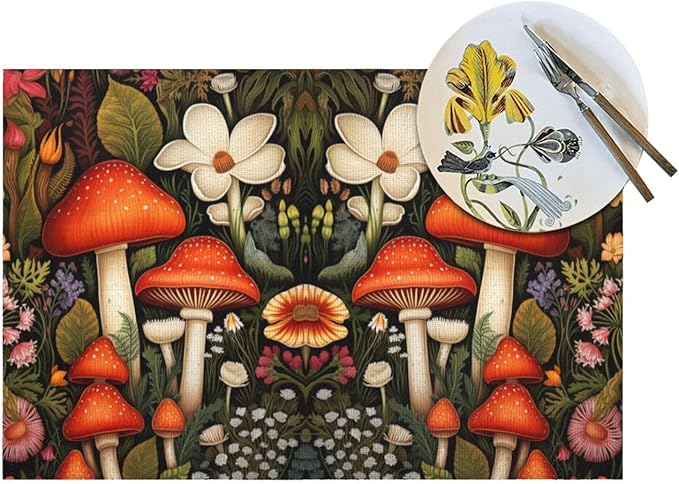 Placemats Set of 4 PVC Woven Place Mats Heat Resistant Easy to Clean for Indoor Outdoor Party Kitchen Dining Table Decoration 12"x18",Mushroom Pattern