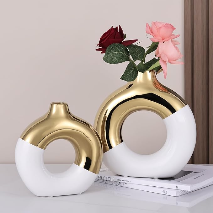 White and Gold Vase Decor Donut Vase Set of 2 - Circle Hollow Vases, Modern Matte Ceramic Vases for Entryway Living Room Bedroom Dining Table Centerpiece Office Home Decor