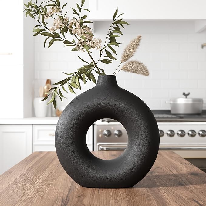 Minimalist Black Donut Ceramic Vase-9 Inch Boho Hollow Flower Vases for Tables Shelves Home Decor, Modern Decorative Circular Vase for Pampas Grass, Dried Flowers, Living Room, Farmhouse
