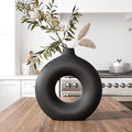 Minimalist Black Donut Ceramic Vase-9 Inch Boho Hollow Flower Vases for Tables Shelves Home Decor, Modern Decorative Circular Vase for Pampas Grass, Dried Flowers, Living Room, Farmhouse