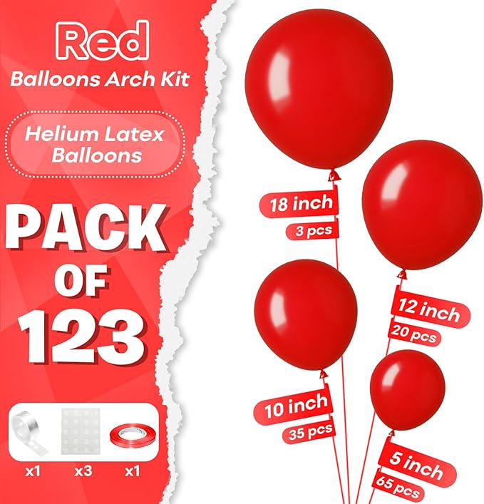 Togvu Red Balloons Different Sizes, 123 Packs Matte Red Balloons, Pack of 18 12 10 5 Inch Premium Red Balloons Garland Arch Kit for Valentine's Day Birthday Wedding Christmas Party Decorations