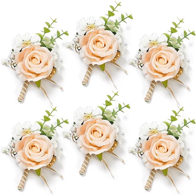 Serwalin 6PCS Champagne Rose Boutonniere for Men Wedding Groom Groomsmen Best Man Boutonniere for Wedding Ceremony Anniversary Prom Flowers Formal Dinner Party