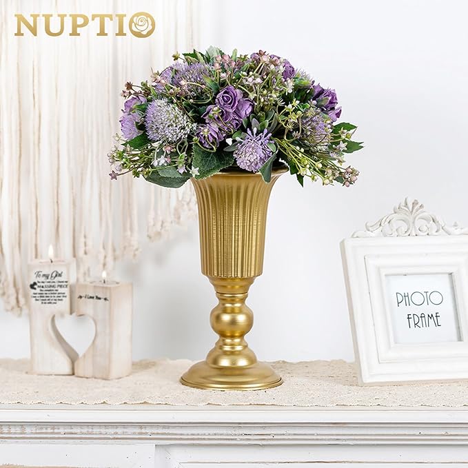 Nuptio Pcs of 2 Flowered Metal Trumpet Vase Elegant Wedding Centerpieces Vase for Wedding Party Decoration, 23.2cm/9.13" Tall Artificial Flower Arrangements for Anniversary Ceremony