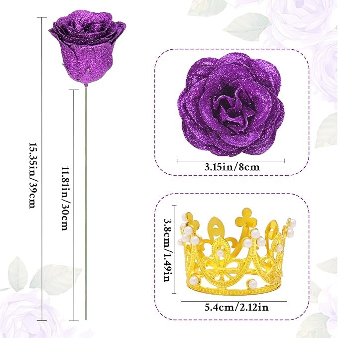 Waipfaru 36 Pcs Glitter Roses Bouquet, DIY Fake Flowers Bouquet, Artificial Purple Rose Bouquet for Valentines, Mothers Day Gifts, Anniversary, Engagement, Wedding