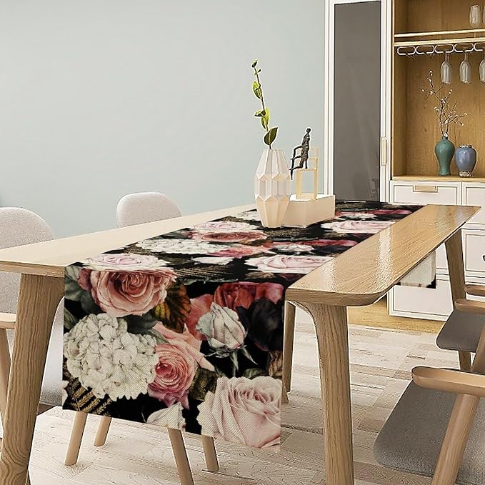 Gothic Flower Table Runner, Vintage Peony Rose Rustic Farmhouse Natural Spring Black Floral Leaves Table Runner for Home Indoor Outdoor Party Wedding Decor, 13x60inch
