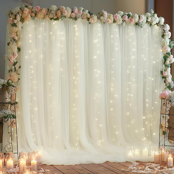 10x10ft Ivory Tulle Backdrop Curtain with Lights String for Parites, Sheer Backdrop Curtains for Wedding Baby Shower Birthday Party Photo Shoot Decorations