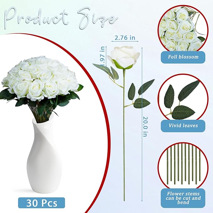 30pcs Fake Roses Artificial Silk Flowers Long Stems Bouquet for Wedding Bridal Shower Party Home Decoration (White)