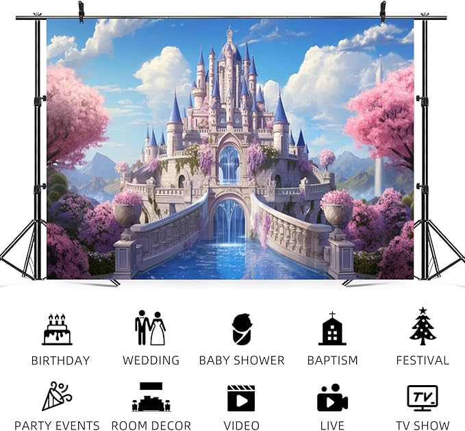 8x6ft Princess Castle Backdrop Pink Floral Blue Sky Photography Background White Cloud Forest Mountain Girls Birthday Baby Shower Banner Decorations Wedding Party Portrait Photo Booth Prop