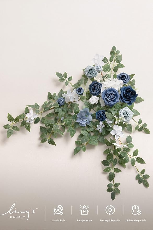 Ling's moment Wedding Artificial Welcome Sign Flowers Swag Arch Floral Garland Decorations Dusty Blue Navy for Ceremony Reception Entrance Entryway Party Banquets Easel Home Outdoor(NOT Include Sign)