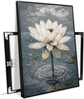 Stunning white lotus emerges from prismatic water with delicate petals background Serene aquatic wall art suitable for modern minimalist decor 24x36in Metal blackFramed