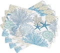 Starfish Placemats, Watercolour Summer Blue Underwater Coral Seashells Starfish Seahorse Sea Animals Print Washable Fabric Placemats Table Kitchen Dining Party 12x18 Inch Set of 6