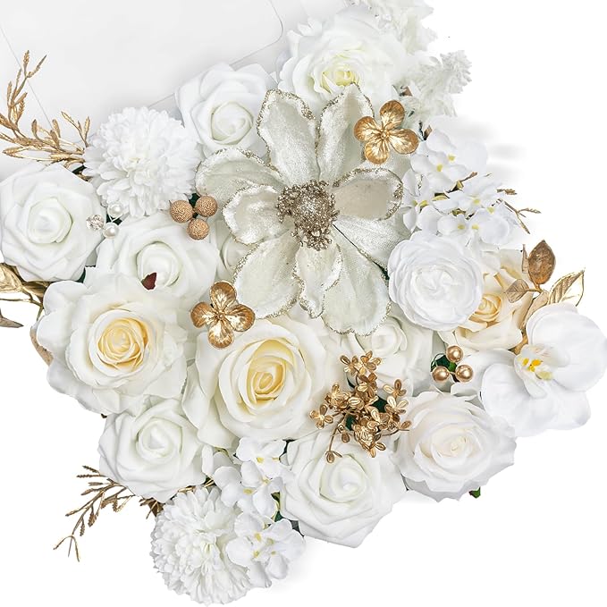 TINGE TIME Roses Artificial Flowers White Faux Flowers Bulk for DIY Bridal Wedding Bouquets Baby Shower Centerpiece Table Home Decorations（Brilliant White）