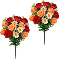 Hollyone Set of 2 Artificial Cemetery Flower for Graves Red Orange Cemetery Memorial Flowers for Outdoor Grave Decorations Silk Flower Arrangements Rose Ranunculus Gerbera Floral Flowers Bouquets