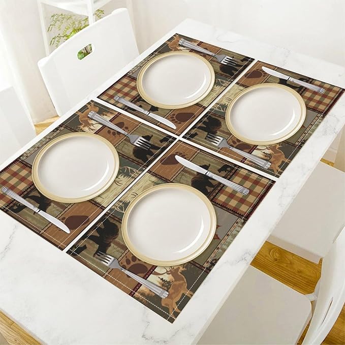 Retro Rustic Lodge Bears Placemats Set of 6, Vintage Cabin Farmhouse Country Style Place Mats, Heat Resistant Non Slip Cotton Linen Dining Table Mats for Home Kitchen 18x12 Inch