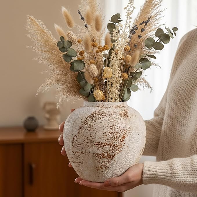 Vintage Ceramic Vase, Minimalist Texture Stone Patterned White Flower Vase, Decorative Vase for Living Room Shelf Farmhouse Dining Table Centerpiece Decor (Rustic 7.9'')