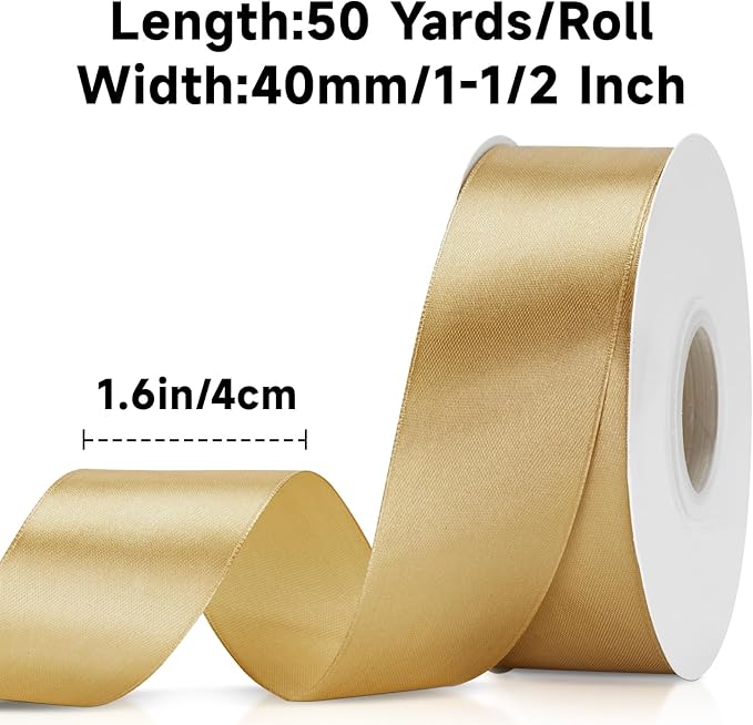 KINGLAKE Champagne Gold Satin Ribbon 1 1/2 inch x 50 Yards - Polyester Silk Hair Ribbons, Fabric Gold Ribbon for Gift Wrapping, Floral Bouquets, Craft Bow, Wedding, Valentines Day
