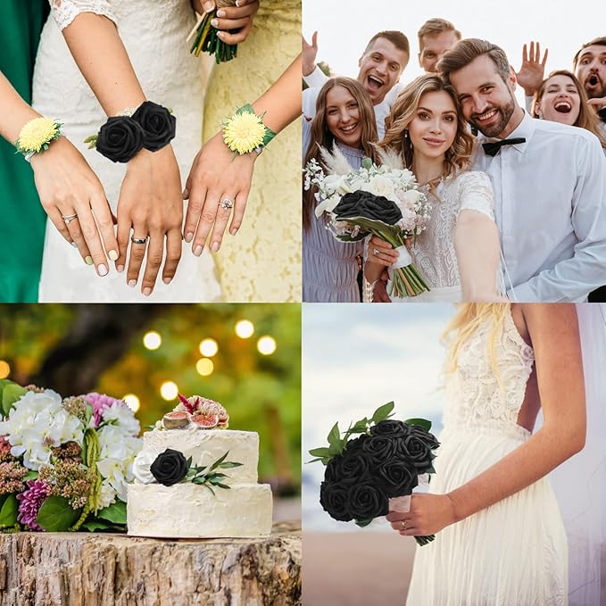 JOYLEX Artificial Flowers Realistic Roses, 50pcs Real Looking Fake Roses with Stem for DIY Wedding Bouquets Centerpieces Bridal Shower Party Home Romantic Decorations (Black)
