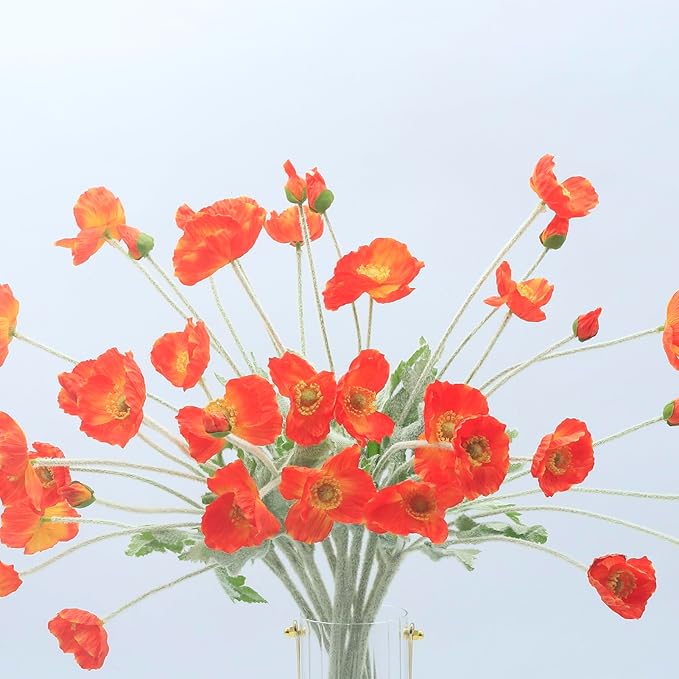2 Pcs Artificial Fake Flowers Plants Poppies Silk Flower Arrangements Wedding Bouquets Decorations Plastic Floral Table Centerpieces for Home Kitchen Garden Party Decor Approx 23.6" High - Dark Orange